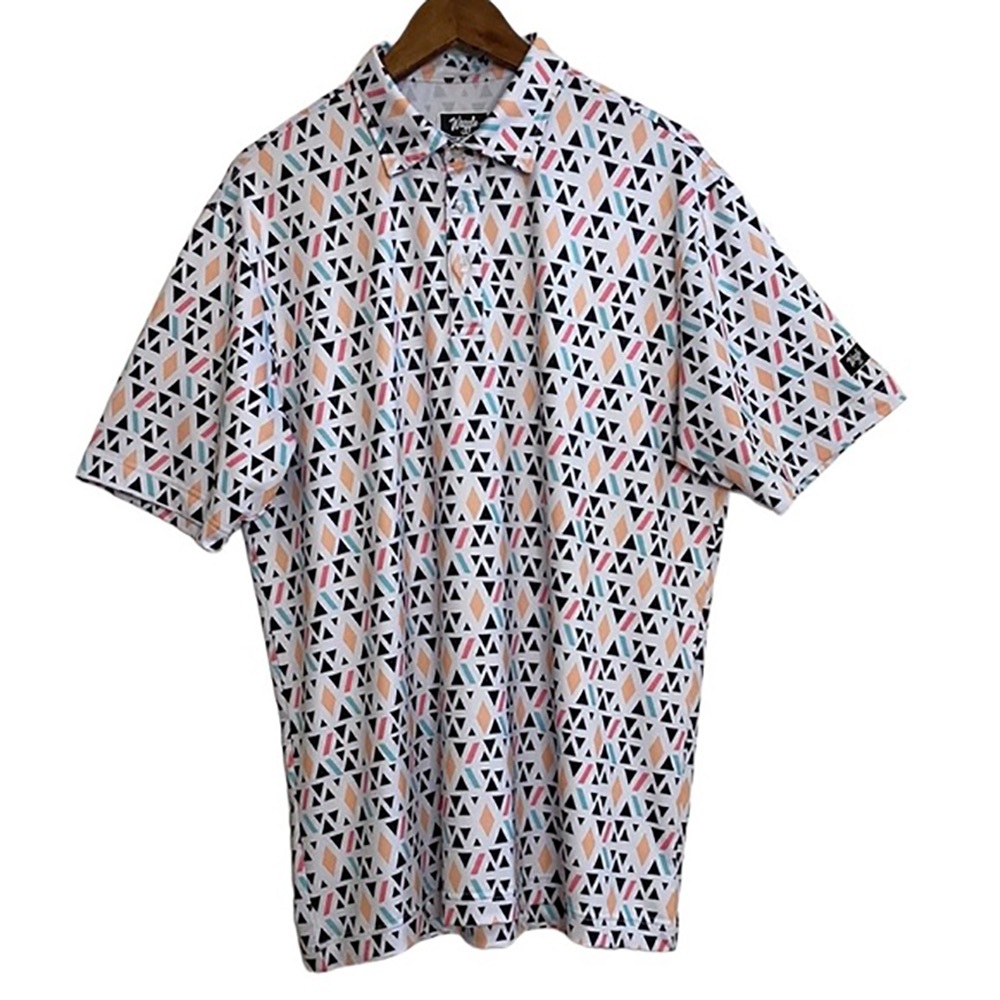 Waggle Golf Shirt Mens XXL Short Sleeve Polo Black Peach Blue Diamond Print